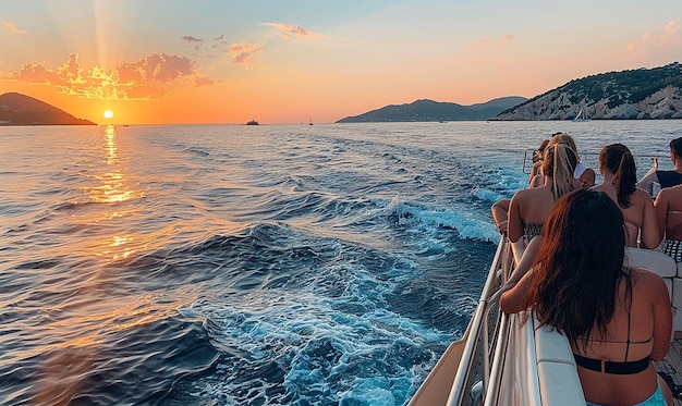 Photo two people on a boat with a sunset in the background