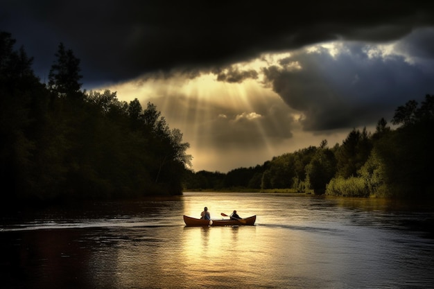 Two people in a canoe on a river under a cloudy sky