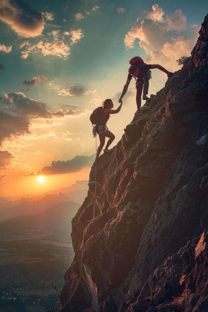 Two people climbing up a mountain at sunset ideal for outdoor and adventure concepts