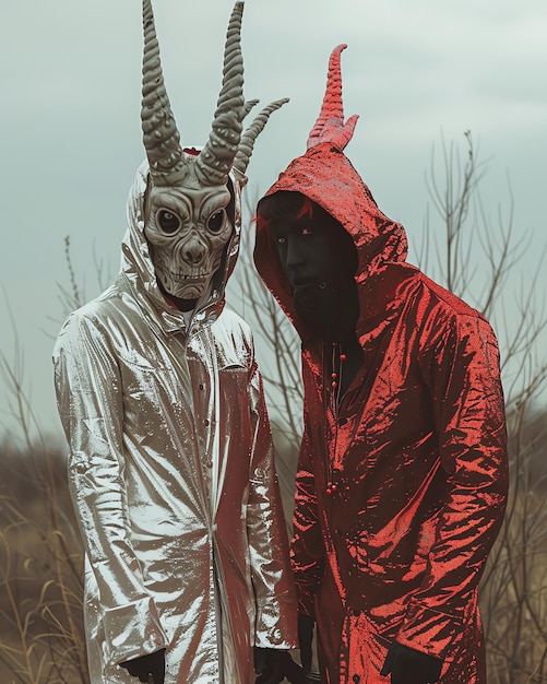 Photo two people in costumes with horns and horns stand in a field