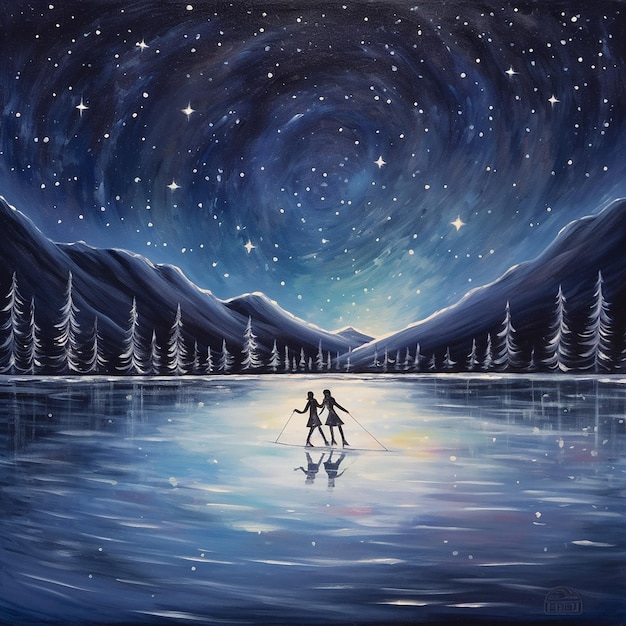 Two people dancing in the snow at night