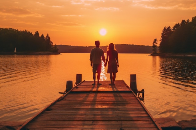 Two people on a dock posing at sunset