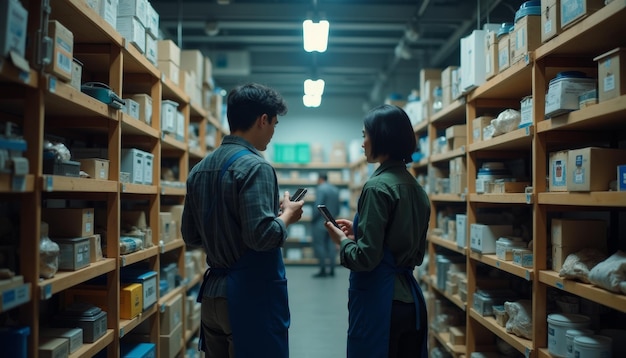 Two People Engaged in Conversation in a Storage Warehouse Aisle