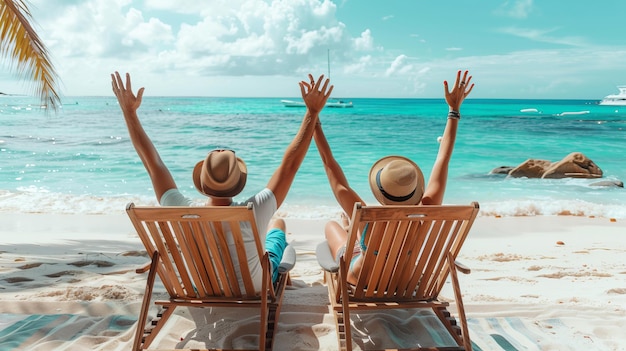 Two people enjoying a tropical beach vacation sitting on wooden chairs with arms raised Perfect for summer holiday promotions Relaxing seaside scene concept for travel blogs and marketing AI