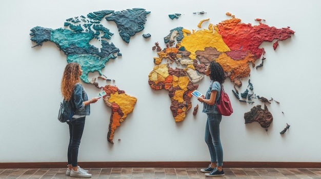 Photo two people exploring a colorful world map display indoors