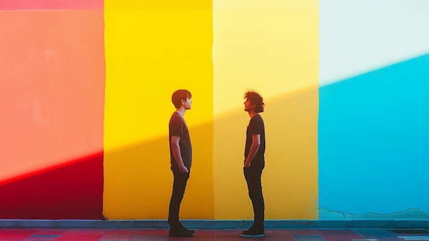 Photo two people facing each other against a brightly colored multitoned wall with shades of red yellow an