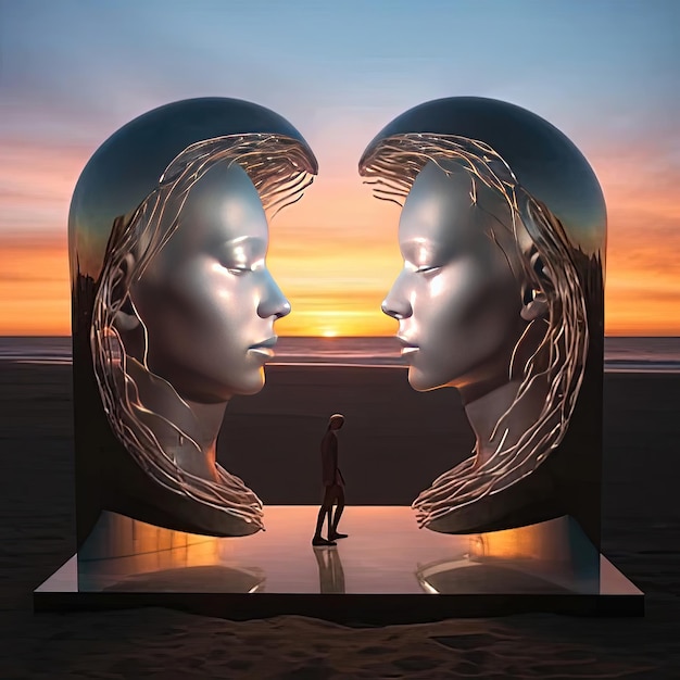 Photo two people facing each other faces