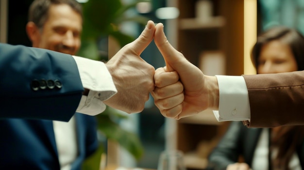 Photo two people giving thumbs up at each other in a business meeting