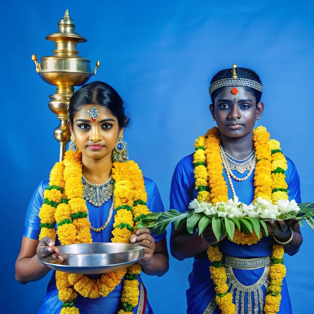 two people holding bowls with flowers and a woman in blue and gold on the right