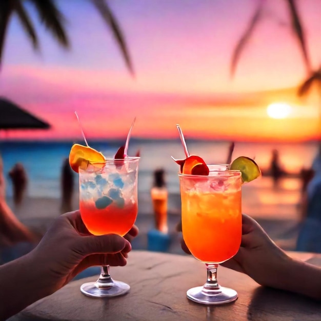 two people holding drinks with the sunset in the background