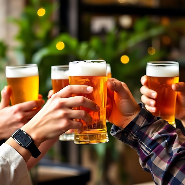 Photo two people holding glasses of beer with one being toasted with the other