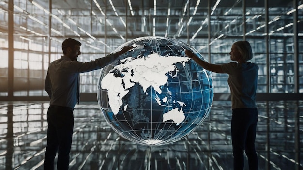 Photo two people holding a globe with the world on the bottom