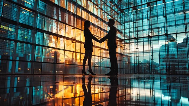 Two People Holding Hands in Front of a Large Window Silhouettes of people Love in the modern world Business relations