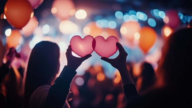 Photo two people holding heart shaped balloons in front of a stage with a crowd in the background