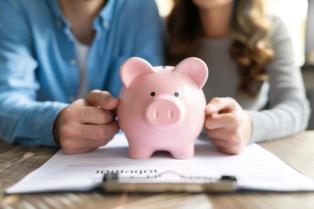 Two people holding a pink piggy bank over documents on a table