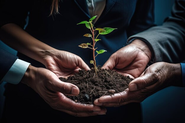 Two people holding a plant in their hands