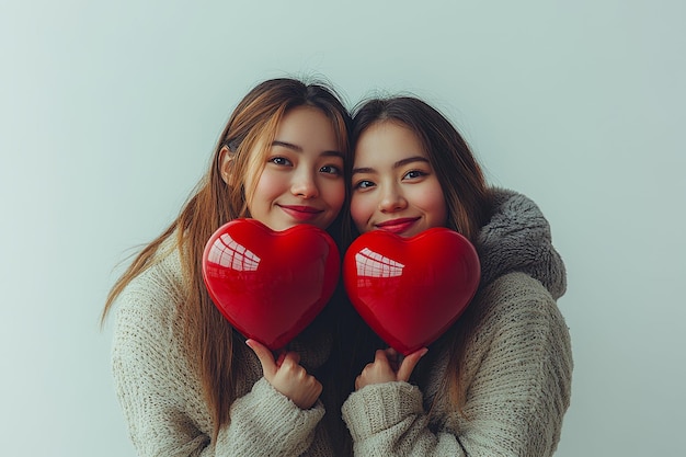 Photo two people holding red hearts in pop sensory style on white background