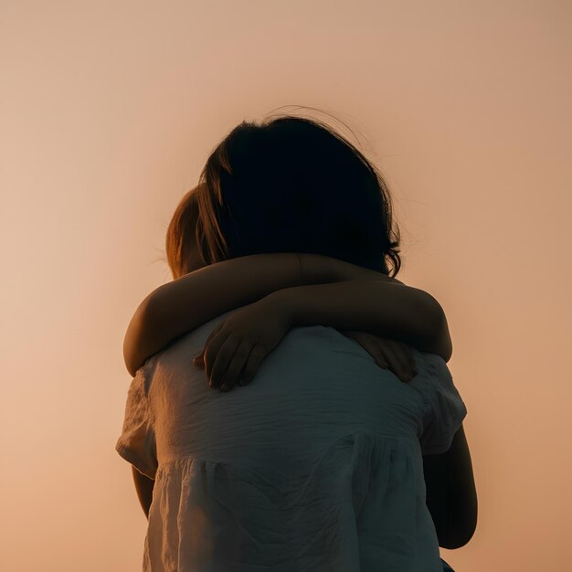 two people hug in front of a sunset sky