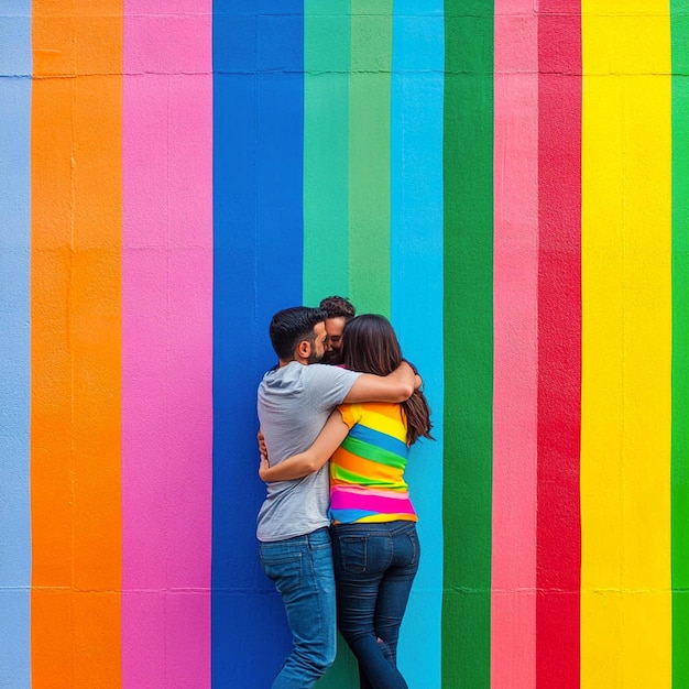 Photo two people hugging in front of a colorful wall with a rainbow colored background