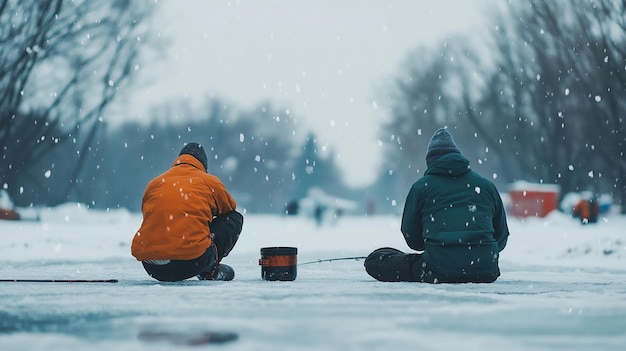 Photo two people ice fishing on a frozen lake dressed warmly in winter clothes with a hole cut into the ic