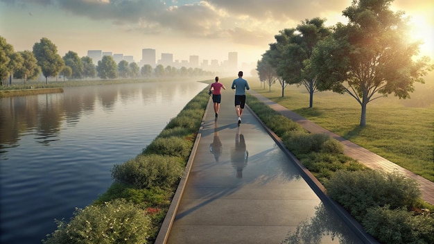 two people jogging in a park by the water