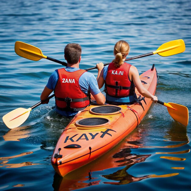 Photo two people in a kayak with kayak branding for fun adventure