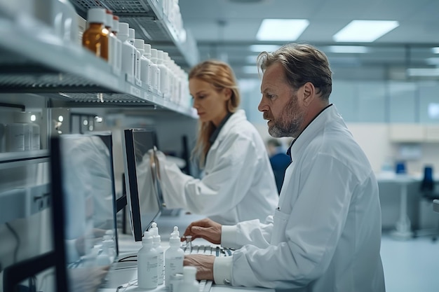 two people in lab coats are working on a computer