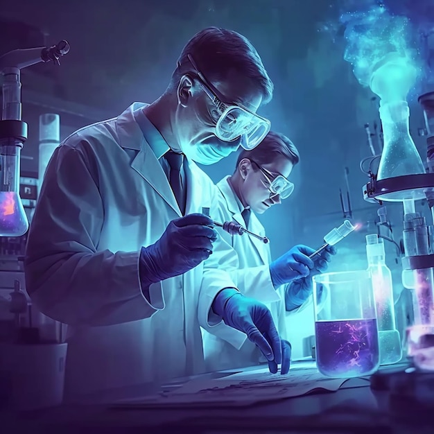 Two people in lab coats and goggles are working in a lab with a blue background.