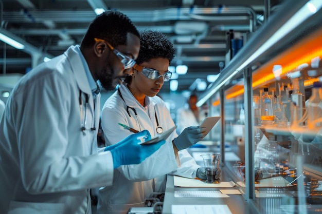 two people looking at a device that says quot lab quot