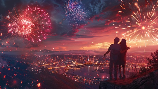 two people looking at a fireworks display with fireworks in the sky