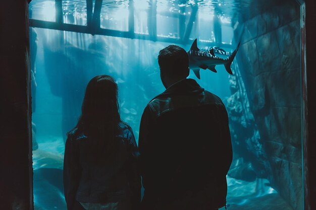 Photo two people looking at a fish tank with the words fish on the bottom