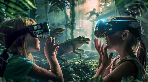 Photo two people looking at a lizard in a jungle with a woman holding a camera