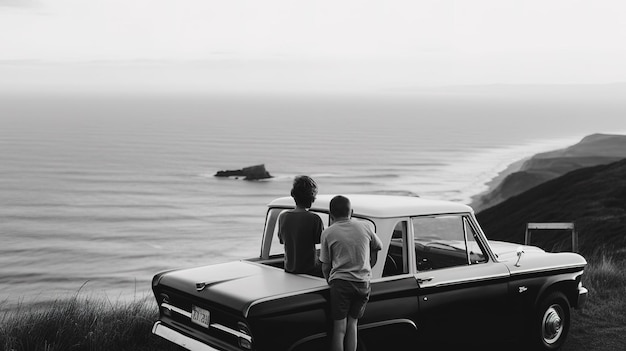 Two people looking out at the ocean from a car