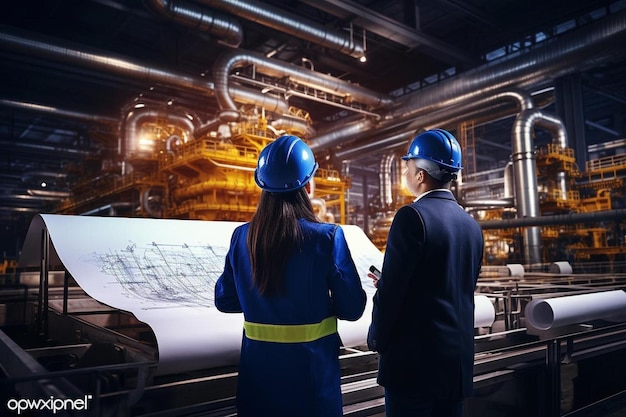 two people looking at a piece of paper in a factory