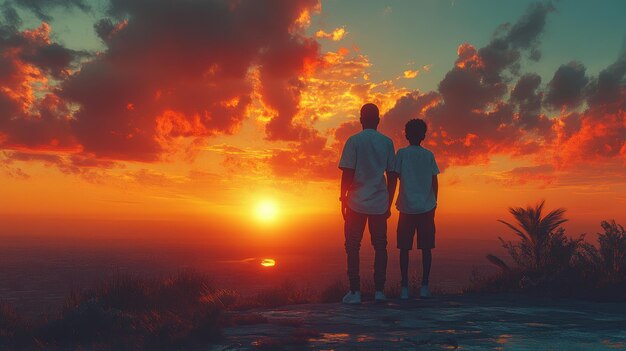 two people looking at the sunset on a sunset background