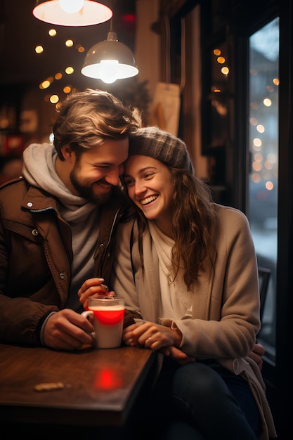 Two People in Love Drinking Coffee in a Cozy Cafe