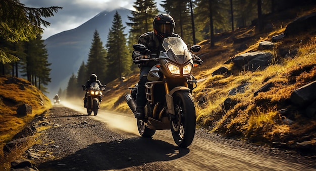 Two people on motorcycles are riding down a road.