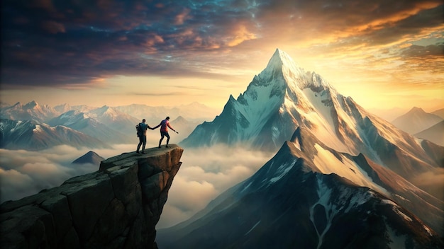 two people on a mountain with mountains in the background