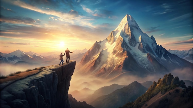 two people on a mountain with a sunset in the background