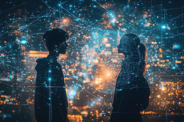 Photo two people on opposite sides of the globe are shown connected through a glowing digital network their virtual avatars appear to be together creating a scene that reflects the possibilities of