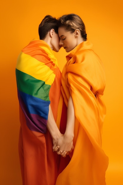 two people in orange and one has a rainbow colored stripe on his shirt