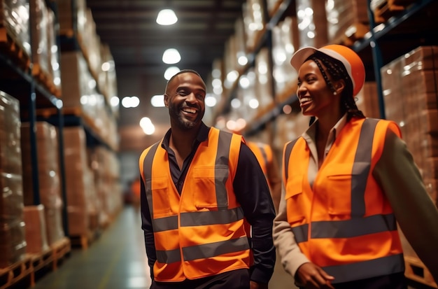 Two people in orange vests stand in a warehouse with boxes on the floor