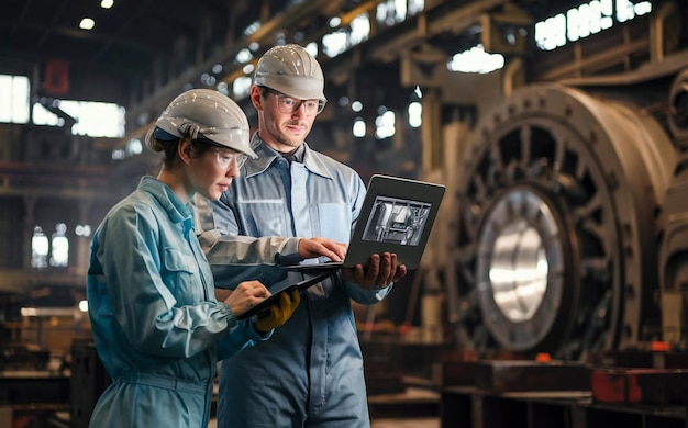 two people in overalls are looking at a laptop