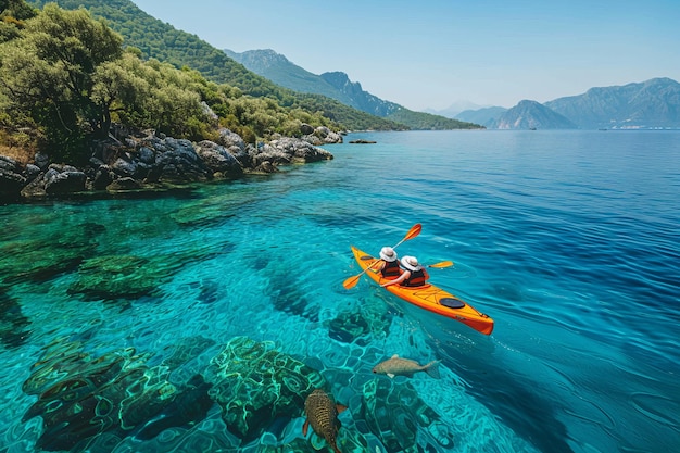 Two people paddle an orange kayak on clear crystal blue water near a forested coastline The water reveals the underwater rocks and sea life Nature adventure concept Generative AI