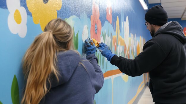 Photo two people paint a mural on a wall