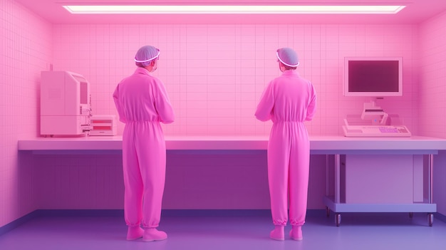 two people in pink uniforms in a room with a pink wall