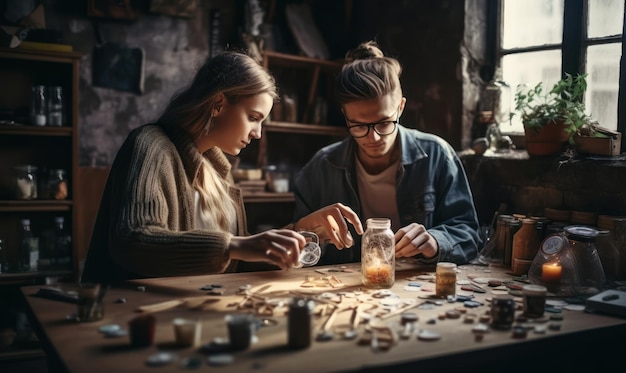 Two people playing a game of wood with a puzzle piece on the table