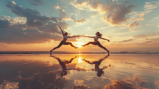 Two people practicing yoga together creating harmony and connection through partner positions