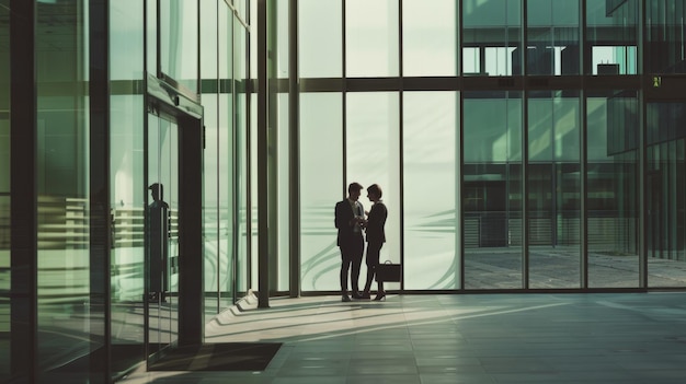 Photo two people in professional attire having a conversation in a modern glass building with reflections and a spacious sunlit interior