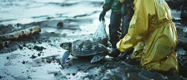 Photo two people in raincoats help a sea turtle on a muddy shore showcasing care and conservation efforts in a natural environment